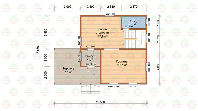 Коттедж из бруса 10.6x7.9 м. проект: "Кашинский". План дома этаж 1.