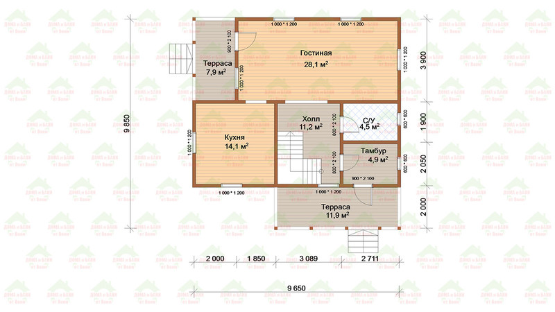 Коттедж из бруса 9.9x9.7 м. проект: "Конаковский". План дома этаж 1.
